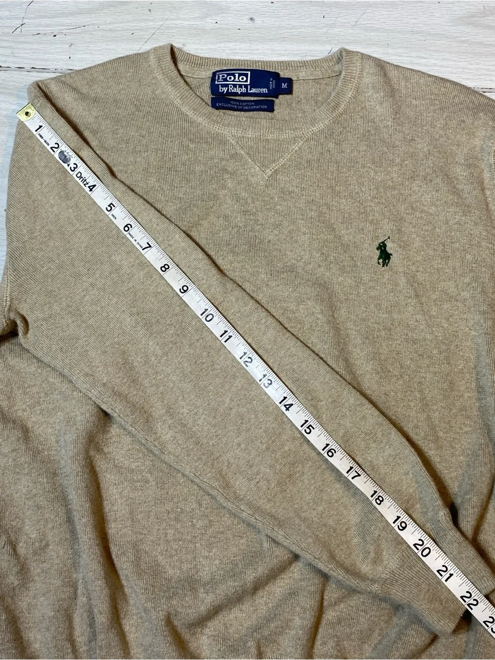 Polo Ralph Lauren M Crewneck Sweater Beige Tan 100% Cotton Green Knit